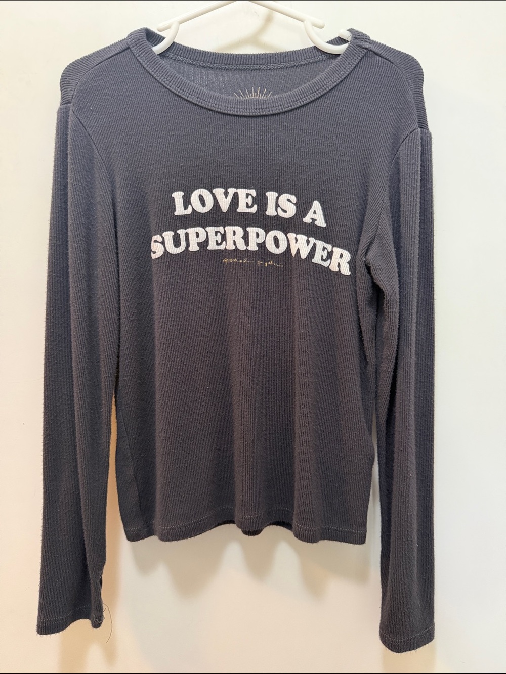 Love Is A Superpower Long Sleeve Graphic Top - Charcoal Black with Thumbholes